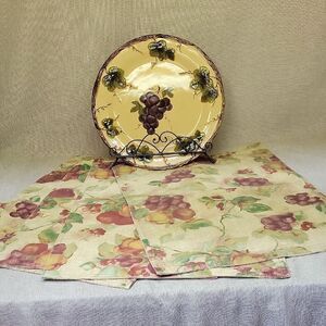 Pacific Rim Grape Plate Embossed Leaves Handpainted + 4 Cloth Placemats